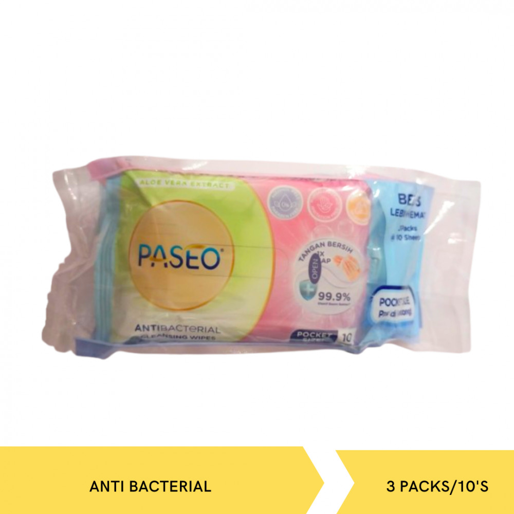 PASEO ANTIBACTERIAL WIPES 3 PACKS/10`S POCKET X 30