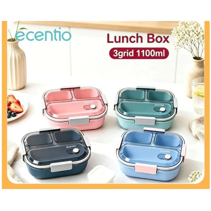 ECENTIO LUNCH BOX PLASTIC 3 GRID 1100 ML SKY