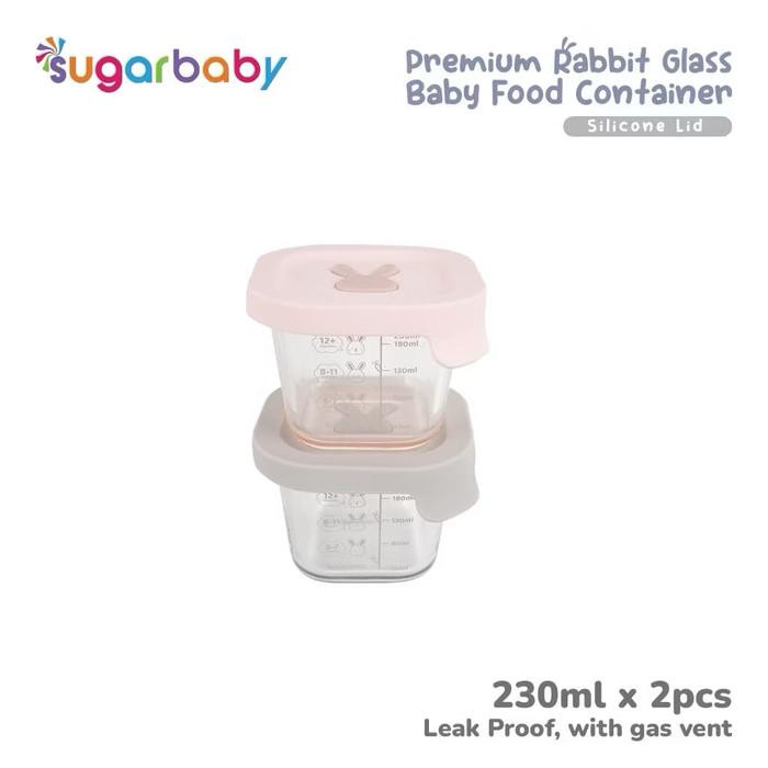 SUGAR BABY PREMIUM RABBIT GLASS BABY FOOD CONTAINER SILICONE 230 ML SET PINK