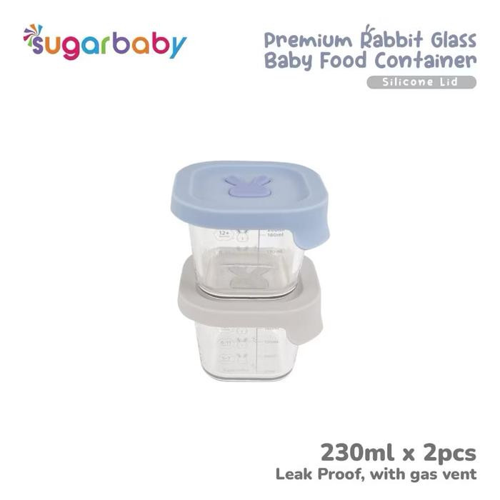 SUGAR BABY PREMIUM RABBIT GLASS BABY FOOD CONTAINER SILICONE 230 ML SET BLUE