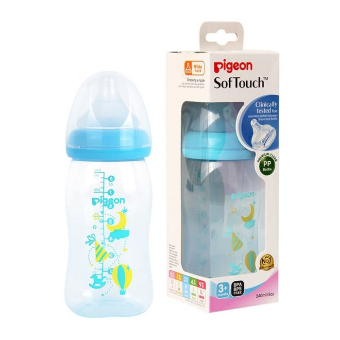 PIGEON BOTTLE PP CLEAR WIDENECK BLUE +NIPPLE 240ML