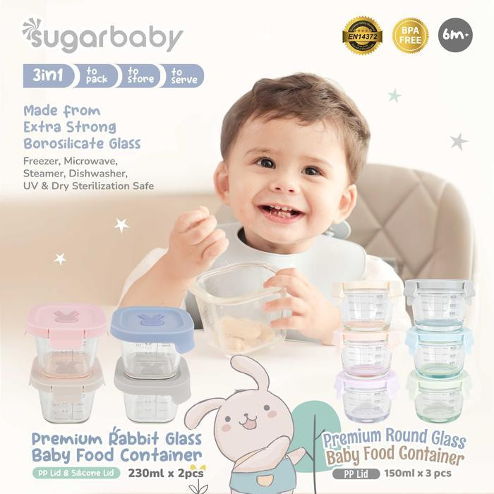 SUGAR BABY PREMIUM RABBIT GLASS BABY FOOD CONTAINER PP 230 ML SET PINK