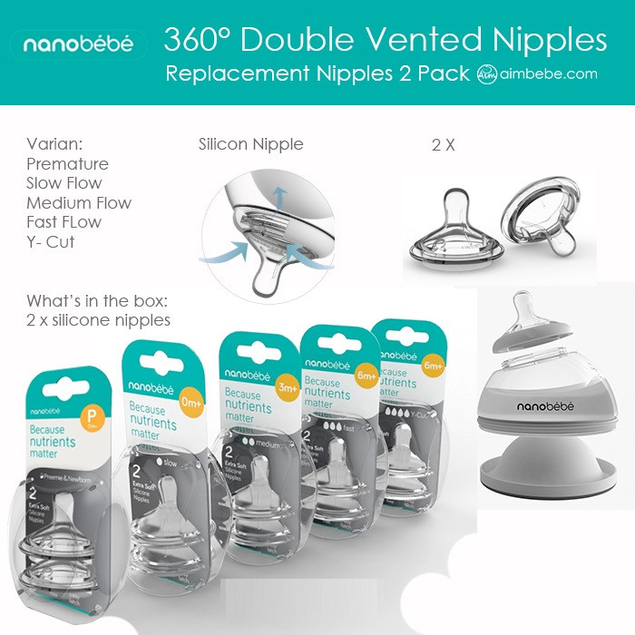 NANOBEBE SILICONE NIPPLES TWIN PACK SLOW FLOW