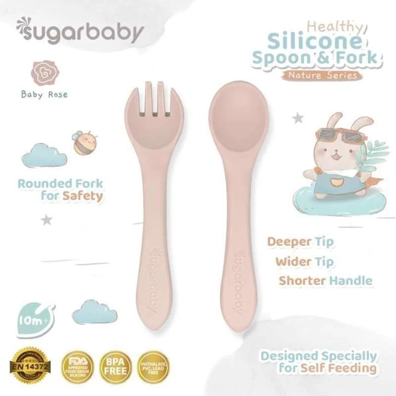 SUGAR BABY HEALTHY SILICONE SPOON&FORK - BABY ROSE